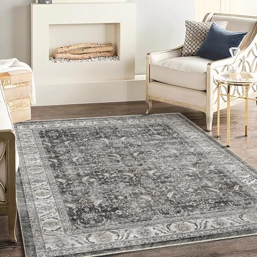 CHAMPLANT Washable Area Rug 4'x6' Vintage Traditional Floor Cover Foldable Thin Rugs Retro Kitchen Indoor Distressed Non Slip Carpet Floral Print Mat Bedroom Living Room - Image 2