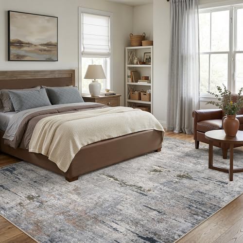DMOYEST Area Rug Living Room Rugs - 10x14 Washable Large Soft Indoor Neutral Modern Abstract Low Pile Rug Carpet for Bedroom Dining Room Farmhouse Home Office - Blue/Grey/Brown - Image 2