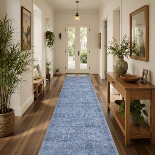 JOLLYVOGUE Runner Rug, 2x8 Washable Vintage Floral Rug, Dusk Blue by JOLLYVOGUE