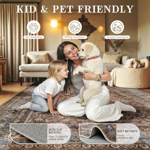 9x12 Area Rugs for Living Room - Washable Vintage Retro Large Rug, Soft Ultra Thin Non Slip Low Pile Traditional Distressed Boho Carpet for Bedroom Dining Room Home Office, Dark Red Brown - Image 5