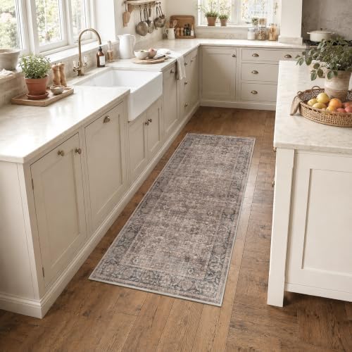 Washable 2x5 Kitchen Non-Slip Runner Rug Boho Taupe Navy Throw Carpet - Image 2