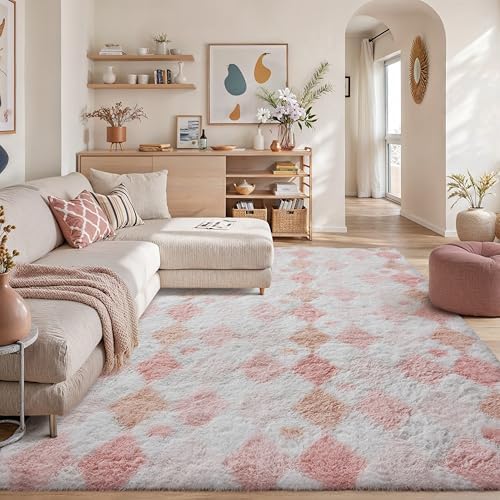 PureCozy Pink 8x10 Area Rug for Living Room Soft Checkered Shag Carpet by PureCozy