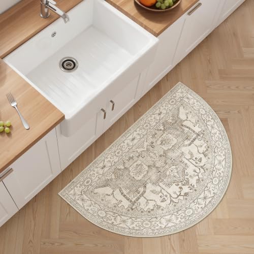 Madane Washable Half Circle Round Rug 2x3 Small Moon Rugs, Beige/Brown - Image 3