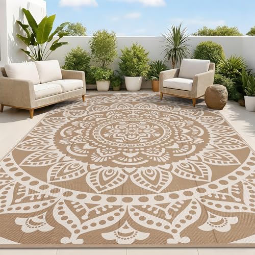 Bsmathom Waterproof Outdoor Rug 9x12ft Large Reversible Boho Plastic Straw Patio Deck Camping Rugs, Indoor Outdoor Portable RV Mat Carpet for Outside, Porch, Balcony, Backyard, Beach, Pool,Brown by Bsmathom