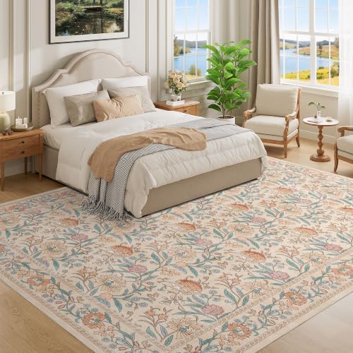 DUKINO 9x12 Area Rug for Living Room, Vintage Floral Washable Rug, Beige - Image 3