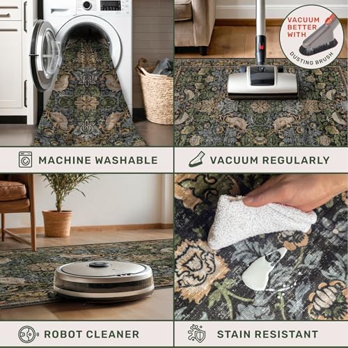 Hazo Haus Vintage 5ft Round Rug for Reading Corner, Bedroom, Farmhouse Dining Room, Soft Ultra-Thin Non-Slip Washable Rug, Forest Green Bird Floral Décor for Kitchen & Nursery - Image 4