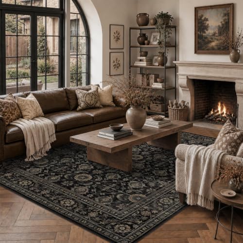 JOOJA 6x9 Black Gold Vintage Boho Washable Area Rug, Soft Low Pile Carpet by JOOJA
