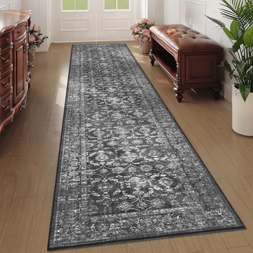 2x10 Washable Kitchen Runner Rug Non-Slip Vintage Black Throw Carpet - Image 3