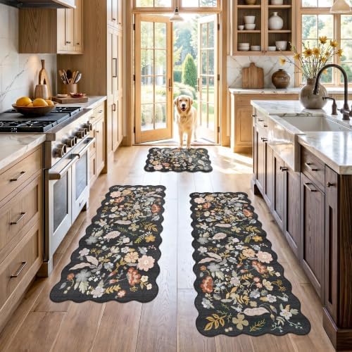 Scalloped Kitchen Rug Set of 3: Washable Floral Soft Boho Kitchen Runenr by BYYVOORugsforYourHome