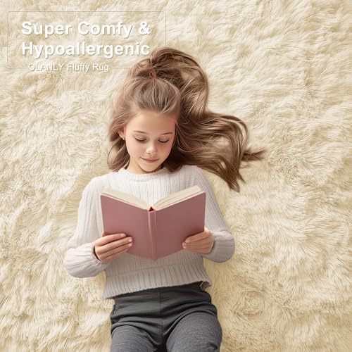 OLANLY 3x5 Machine Washable Small Bedside Rug, Soft Fluffy Shaggy Rugs for Living Room, Bedroom, Indoor Floor Carpet for Kids Girls and Boys, Preppy Dorms, Nursery, Home Decor Aesthetic, Cream - Image 6