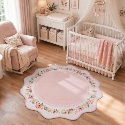 Lahome Round Pink Floral Rug 4ft, Scalloped Reading Nook Rug - Image 2