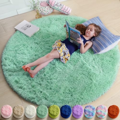 Amdrebio Sage Green Fluffy Round Circle Area Rug 5Ft for Bedroom Classroom by Amdrebio
