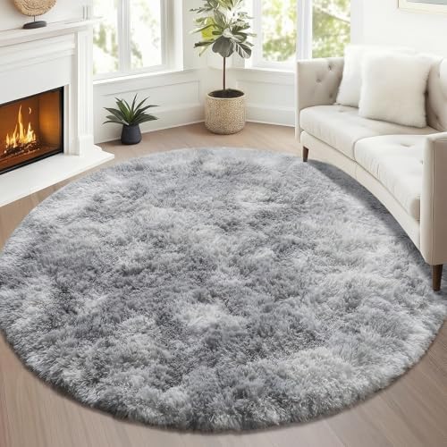 ONASAR Round Rugs 5ft for Bedroom Living Room, Fluffy Tie-Dyed Light Grey Circle Area Rug for Kids Girls Boys Teen, Soft Plush Shaggy Carpet for Nursery Dorm Classroom Playroom Home Decor Aesthetic by ONASAR