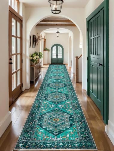 SERISSA 2'6"x18' Washable Non Slip Boho Runner Rug for Hallway，Teal - Image 2