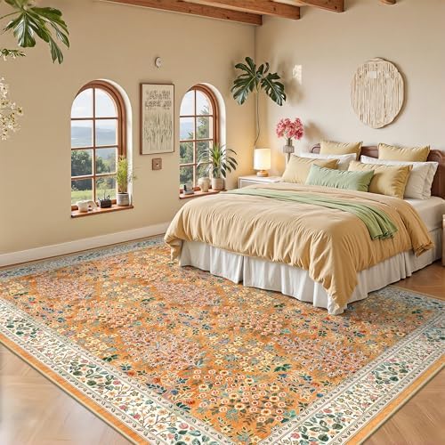 5x7 Area Rugs, Floral Washable Area Rugs for Living Room, Indoor Area Rug for Bedroom, Dining Room, Low Pile Non-Slip Nursery Rug(Orange Floral) - Image 3