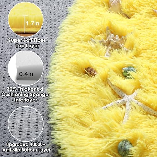 Yellow Fluffy Round Rug Circle Area Rugs 4ft for Girls Kids Teen Bedroom - Image 2