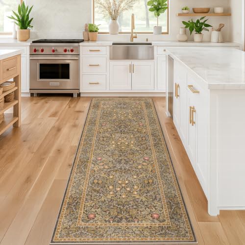 Brown 2'6" x 10' Hallway Runner Rug Non Slip - Washable Kitchen Rug Stain Resistant, 10ft Extra Long Thin Entryway Indoor Mats, Soft Boho Vintage Gold Brown Floral Indoor Carpet Runner Décor Low Pile - Image 3