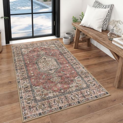 KUTA 3x5 Vintage Area Rug Terracotta Pink Washable Entryway Rugs by KUTA