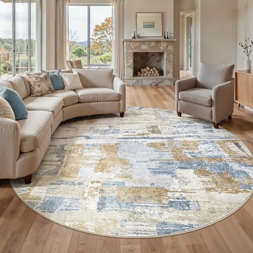 kakania Abstract 10x10 Round Rugs for Living Room: Circle Rugs 10FT Blue Gold by kakania