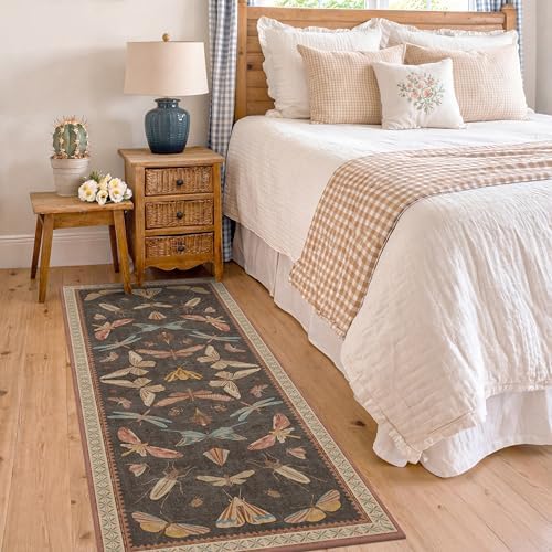 Brown 2x5 Runner Rug, Washable Non Slip Carpet for Bathroom, Entryway, Kitchen Floor & Hallway, Vintage Boho Insect Design with Butterfly Moth Print - Image 4