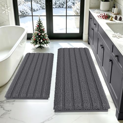 Striped Grey Bathroom Rug Mat Set 2 piece 24"x17"+48"x20" Ultra Soft, Non Slip Chenille Bath Rugs, Absorbent Plush Shaggy Bath Mats for Bathroom, Bedroom, Kitchen, Shower, Tub,Dark Gray, Charcoal by ACCUMTEK