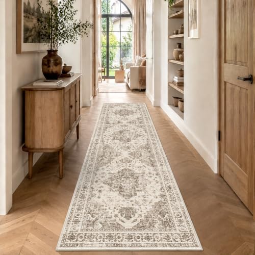 3x10 Washable Kitchen Runner Rug Soft Medallion Taupe Throw Carpet - Image 3