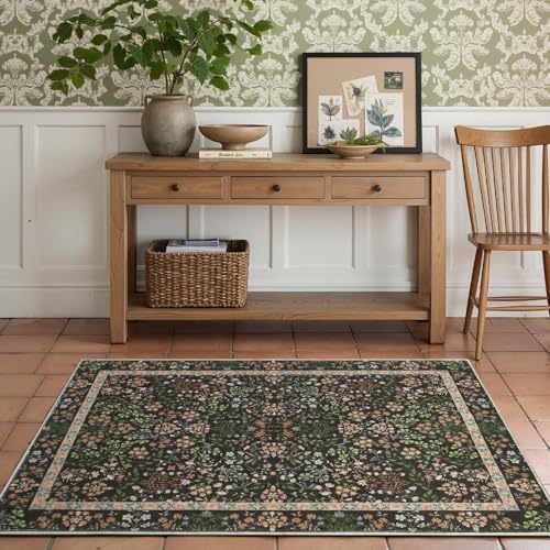 jinchan 3x5 Washable Living Room Area Rug, Vintage Floral, Black by JINCHAN