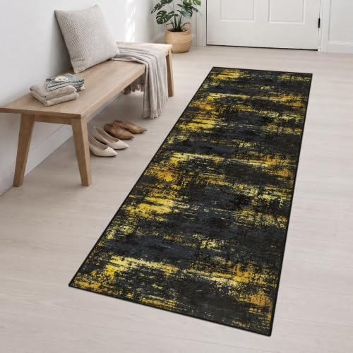 3x10 Washable Runner Rug：Modern Abstract Soft Carpet Black Gold - Image 3