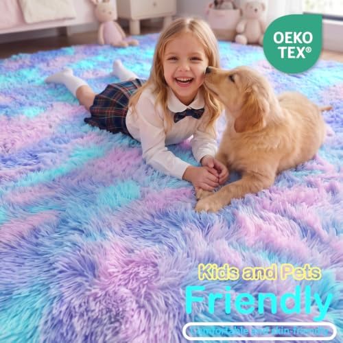 Fluffy 8x10 Area Rugs, Cute Kawaii Rainbow Purple Carpets for Girls Bedroom - Image 4