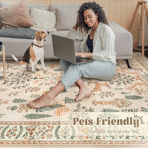 Living Room Rugs 8x10: Washable Boho Rug Farmhouse Non Slip Stain Resistant Large Rug Low Pile Soft Carpet for Bedroom Dining Room Children Room (Cream Animal,8'x10') - Image 4