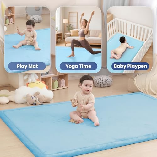 Huloo Sleep Baby Play Mat for Floor,1.3" Thick Memory Foam Tummy Time Mat,Soft Coral Velvet Nursery Rug,Extra Large Non Slip Crawling Mats for Living Room （Light Blue） - Image 3