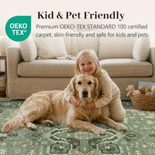 9x12 Ft Extra Large Area Rugs for Living Room, Soft Non-Slip Machine Washable Rug, Vintage Stain Resistant Carpets for Bedroom Nursery Dining Room Home Decor (Green) - Image 5