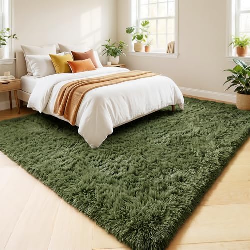 Amdrebio Olive Green Shag Plush Area Rug 4x6 for Bedroom Living Room Dorm - Image 3