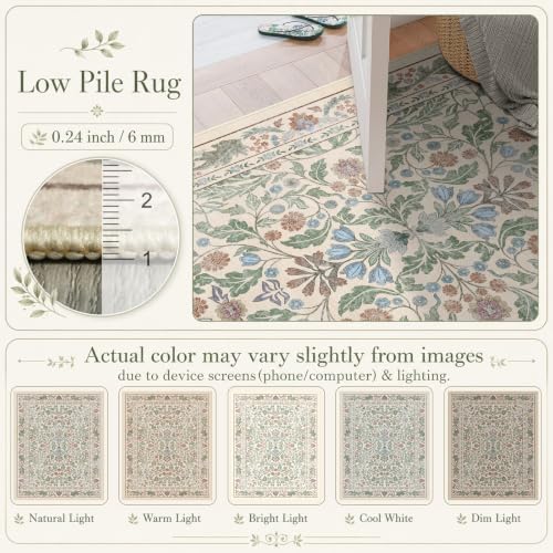 Floral Indoor Entrance 4x6 Area Rug, Washable Vintage Boho Entryway Rugs, Low Pile Non Slip Soft Carpet for Kitchen, Bedroom Beside, Laundry Room, Office Rug, Living Room, Nursery Room， Beige Green - Image 5