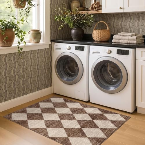 Brown Beige Checkered Entry Rug - 3x4 Non-Slip Washable Indoor Outdoor Front Door Mat Porch Rug Farmhouse Diamond Throw Carpet for Living Room Bedroom Entryway Kitchen Office Fall Porch Decor - Image 6