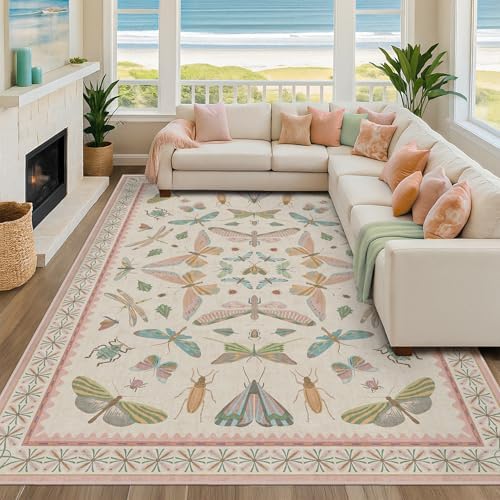 Hazo Haus 7x9 Cute Insect Rugs for Girls Bedroom - Pink and Blue Washable Floral Living Room Rugs, Dining Room Under Table, Insect Print Whimsical Indoor Décor, Low Pile & Soft - Image 3