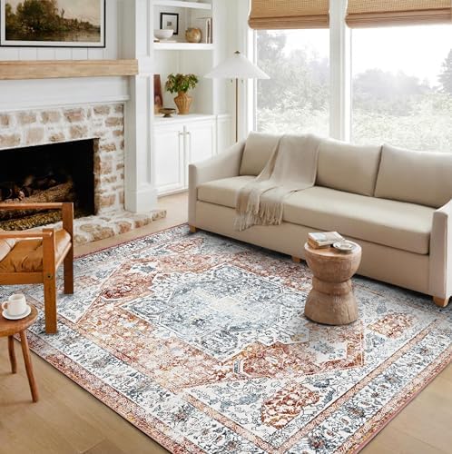 CHAMPLANT 5x7 Washable Area Rug Vintage Traditional Floor Cover Foldable Thin Rug Retro Kitchen Accent Rug Indoor Distressed Non Slip Carpet Floral Print Mat Bedroom Living Room Bathroom - Image 2