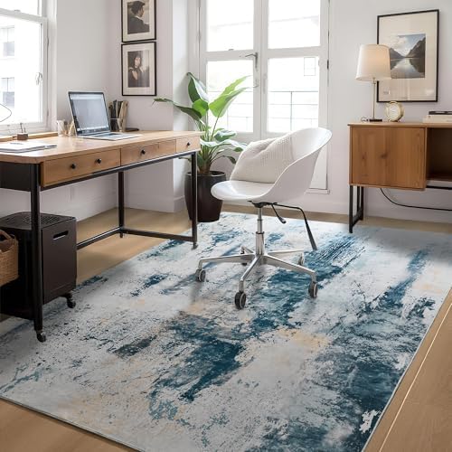Ompaa Living Room Rug 5x8 Aqua Blue Area Rug Machine Washable Boho Rug Non Slip Abstract Vintage Indoor Large Rugs for Bedroom, Classroom, College Dorm, Farmhouse, Dining Room, Kids Playroom - Image 3