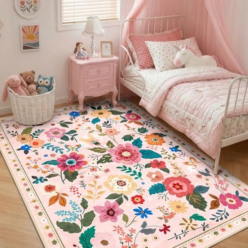 RELEANY Floral Washable 3x5 Area Rugs Pink by RELEANY