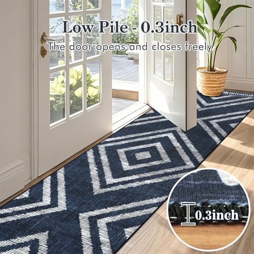 2x10Ft Boho Hallway Rug Runners Non Slip, Navy Blue Geometric Washable Kitchen Runner Rugs, Soft Thin Modern Farmhouse Entrance Floor Carpets for Entryway Doorway Bedroom Home Decor - Image 4