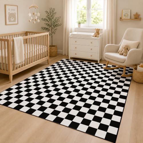 4x6 Checkered Rug for Living Room, soft Low Pile black and white Area Rugs - Image 3