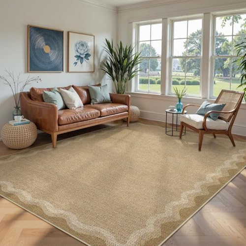 LIVEBOX Scalloped Washable 8x10 Outdoor Rug, Easy Jute Tan Rug for Living Room Bedroom, Indoor Geometric Farmhouse Non Slip Rugs Dining Room Mat Modern Carpet Area Rug for Patio Home Office Decor by LIVEBOX