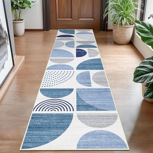 MUJOO Runner Rug Washable,Blue 2x8 Area Rugs Non Slip Modern Abstract - Image 2