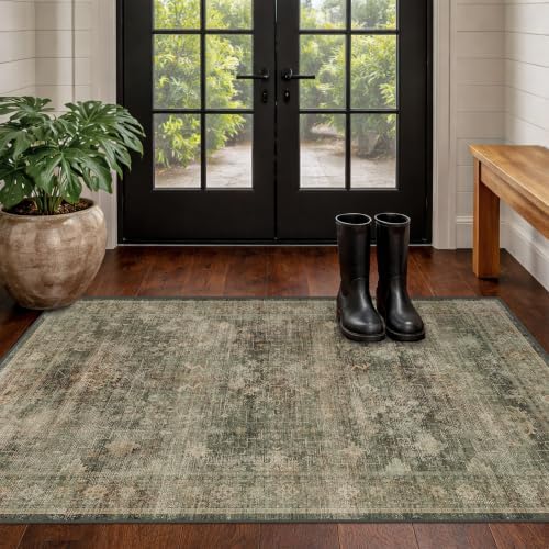 Vintage Moss Green 3x5 Area Rug for Entryway, Kitchen, Bedroom & Laundry Room, Dark Academia Distressed Geometric Carpet, Washable, Low Pile Anti-Slip Backing, Stain & Fade Resistant by Unknown