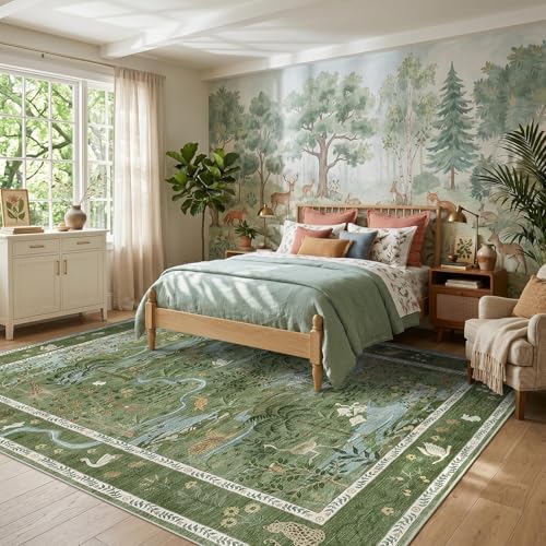 4x6 Whimsical Safari Nursery Area Rug Washable Non Slip Small Living Room Rugs Low Pile Animal Print Girs Bedroom Green Throw Carpet Forest Fairy Tale Area Rugs for Entry Kids Room, Green - Image 3