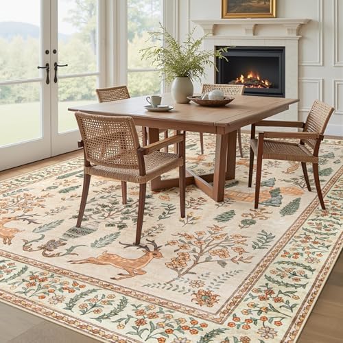 Living Room Rugs 8x10: Washable Boho Rug Farmhouse Non Slip Stain Resistant Large Rug Low Pile Soft Carpet for Bedroom Dining Room Children Room (Cream Animal,8'x10') - Image 3