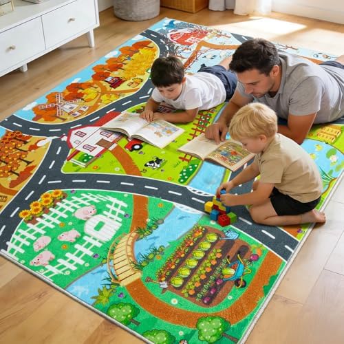 Car Rug Play Mat for Kids Toy Cars, 8' x 10' Town Country Barn Track Rug - Image 7