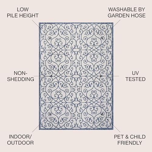 JONATHAN Y Vintage Filigree Indoor Outdoor Area Rug 3X5 Blue/Cream, Madrid Textured Weave for Backyard, Patio, Porch, Easy-Cleaning, High Traffic, Pet-Friendly, Non-Shedding (SMB107F-3) - Image 2