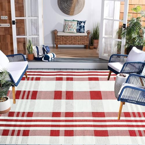 Christmas Plaid Outdoor Rug, 4' x 6' Red&White Check Indoor/Outdoor Area Rug, Layering Rug for Hello/Welcome Door Mat, Machine Washable Cotton Woven Rug for Farmhouse Front Porch, Entryway - Image 3