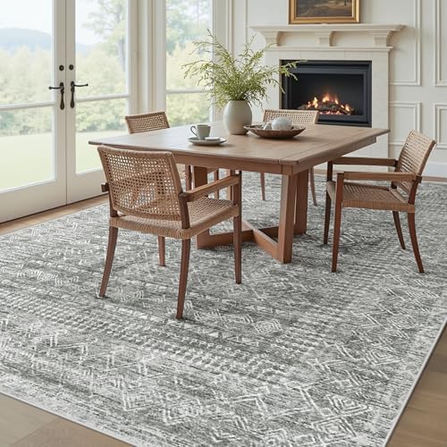 Living Room Rugs 8x10: Washable Moroccan Geometric Boho Rug Farmhouse Non Slip Stain Resistant Large Rug Low Pile Soft Carpet for Bedroom Dining Room Children Room (Grey,8'x10') - Image 3